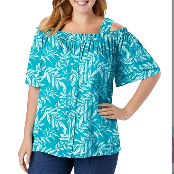 Women Within Tops - Women Within Women's Turquoise Cold Shoulder Short Sleeve Blouse Size Large